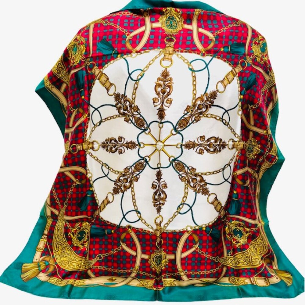Beautiful GIOVANNI TESTI 100% SILK  SCARF satin 34"Ggreen read gold gold chain